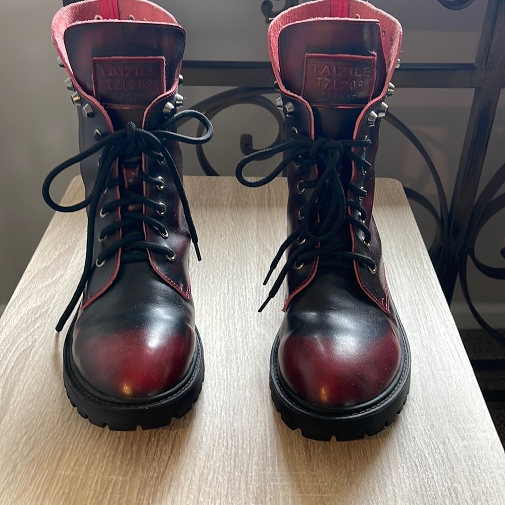 Ombre Burgundy Red Studded Combat Boots